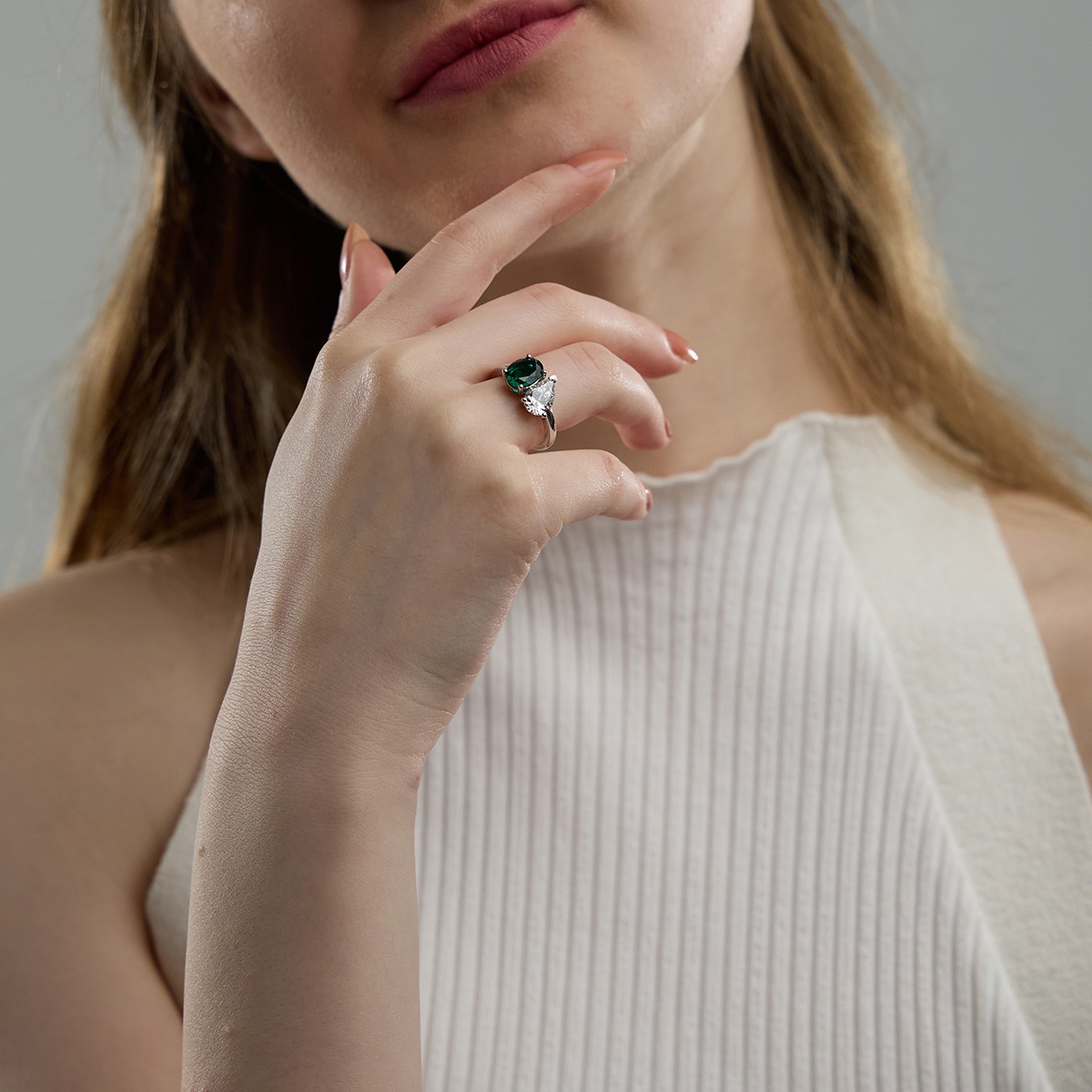 Additional Image 2 for  9x7mm Oval Cut Created Emerald and 1 1/2 ctw Pear Cut Lab Grown Diamond Two Stone Engagement Ring